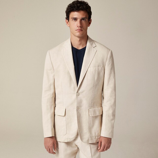 , Ludlow Slim-fit unstructured suit jacket in Irish cotton-linen blend, tan, Image 2 of 3